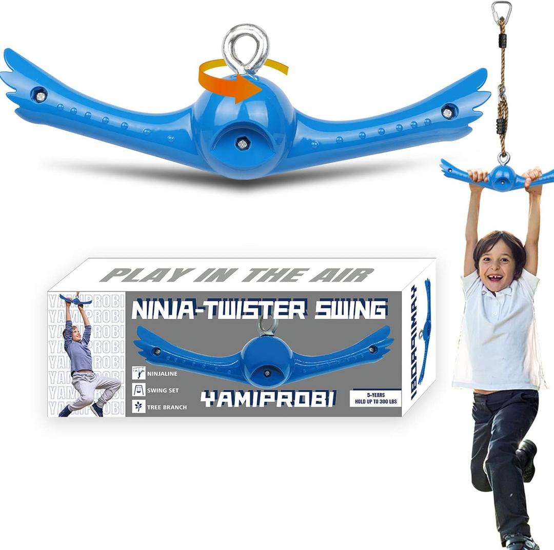Ninja-Twister Swing Spins Set: Slackline Attachments - 360 Handle Twist-Spin Flips Toy Activate Ninja Powers Warrior Accessories Kids Hang Toys for Playground Backyard Blue