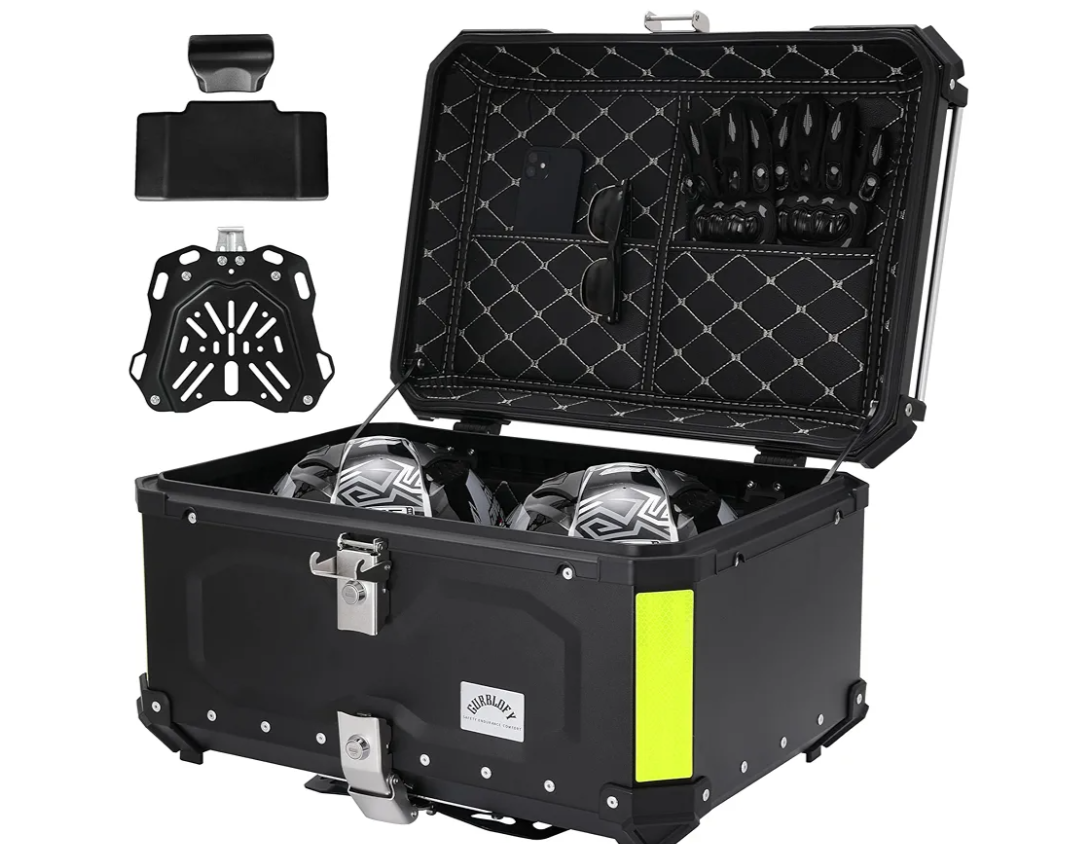Motorcycle Top Case, 65L Aluminum Motorcycle Top Box with Anti-Theft Lock System, Waterproof, Dustproof, Easy Installation with Universal Bracket, Back Cushion Included, Black, GBTC-65BL