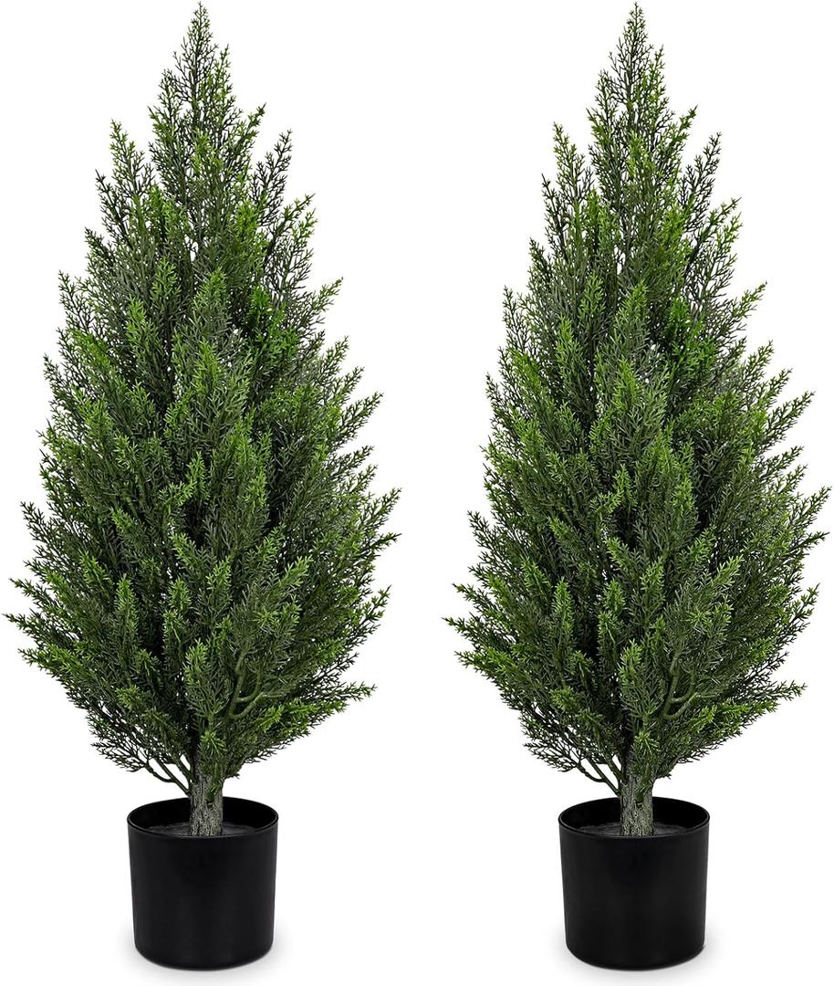 Briful 3FT Artificial Cedar Topiary Trees Set of 2, UV Resistant Faux Cypress Plants in Pot for Front Door Porch Entryway, Christmas Outdoor Decorative Greenery, Fake Shrubs for Home Patio Decor