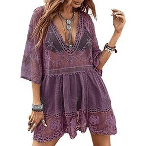 Eomenie Women's Contrast Lace Bathing Suit Cover Up V-Neck Swimsuit Coverups Loose Swimwear Beach Dress Beachwear size L