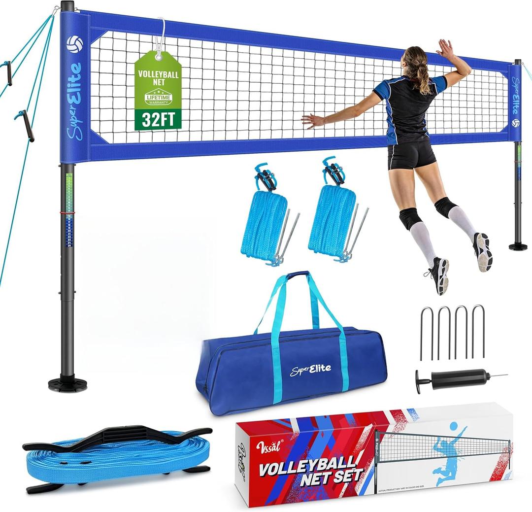 Professional Volleyball Net Set Heavy Duty for Outdoor Backyard Portable | Rust-Resistant Aluminum Poles, 32 ft Regulation, Anti-Sag, 3 Official Height, Adjustable Length, Carry Bag