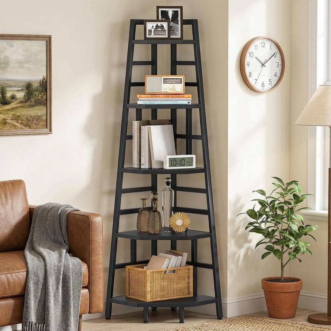 CHOEZON 70.1-Inch 5-Tier Tall Corner Shelf, Narrow Bookshelf for Small Spaces, Industrial Bookcase Display Stand for Living Room, Bedroom, Office, Black TCJ25BB, 17.7 inches x 17.7 inches x 70.1 inches