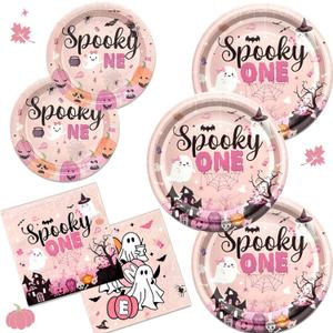 182Pcs Spooky One Birthday Decorations Girl Halloween 1st Birthday Party Decorations with Pink Plates and Napkins for Halloween Decorations Girl