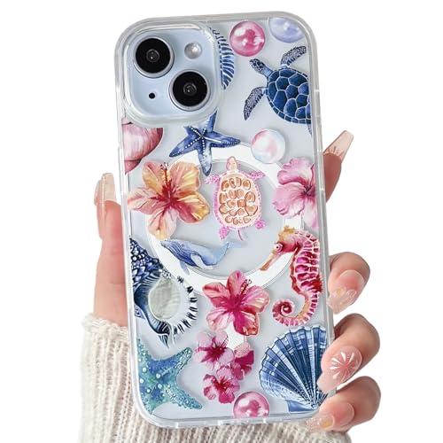 Lovmooful Magnetic Compatible with iPhone 15 Case Compatible with MagSafe Clear Ocean Cute Marine Life Seashell Design for Girls Women Soft TPU+PC Shockproof Protective Girly-Seahorse