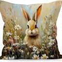Rustic Floral Easter Bunny Decorative Throw Pillow Cover, Easter Bunny Decor, Cottagecore Spring Wildflower Rabbit Pillow Covers for Home Living Room Bedroom Bed Sofa Decor, 18x18 Inch