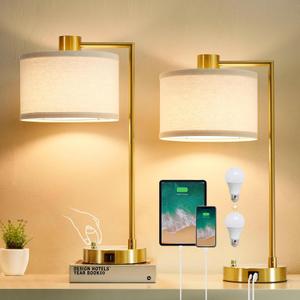 Luvkczc Table Lamp for Bedroom Set of 2 with USB C+A Ports, Fully Stepless Dimmable Bedside Lamp with Linen Lampshade, Nightstand Lamp for Living Room Reading Office, 2 LED Bulbs Included (Gold)