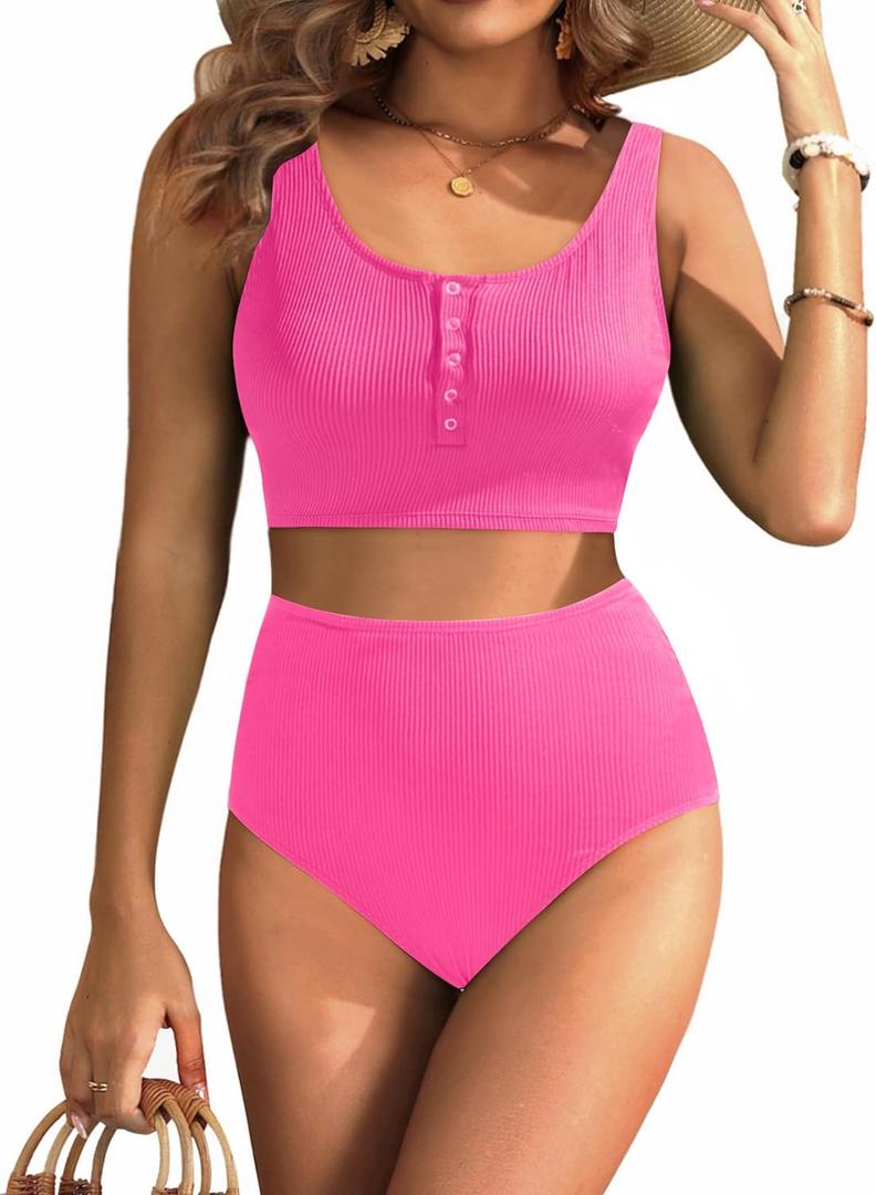 Aqua Eve Women High Waisted Bikini Set Racerback Swimsuit Two Piece Bathing Suit High Neck Swimwear (Pink, S)