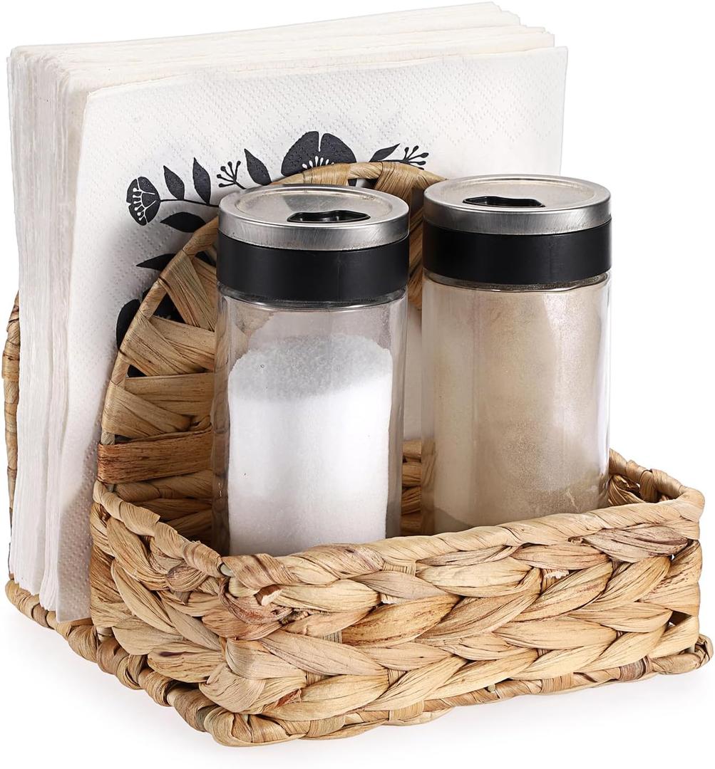 Sumnacon Wicker Napkin Holders with Salt and Pepper Shakers Caddy, Standing Napkin Dispenser with Condiment Tray, Farmhouse Upright Napkin Basket for Kitchen Dining Table Centerpiece (No Shakers) (6.3x6.3x5.6 Inch)