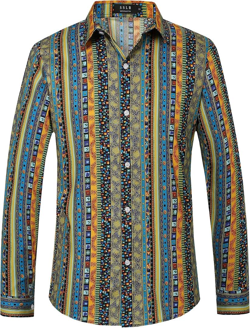 SSLR Shirt, Men's Sunshine Plaid Shirt, Long Sleeve, Button Down, Casual, Beach, Summer, Size (Medium, Blue Yellow)