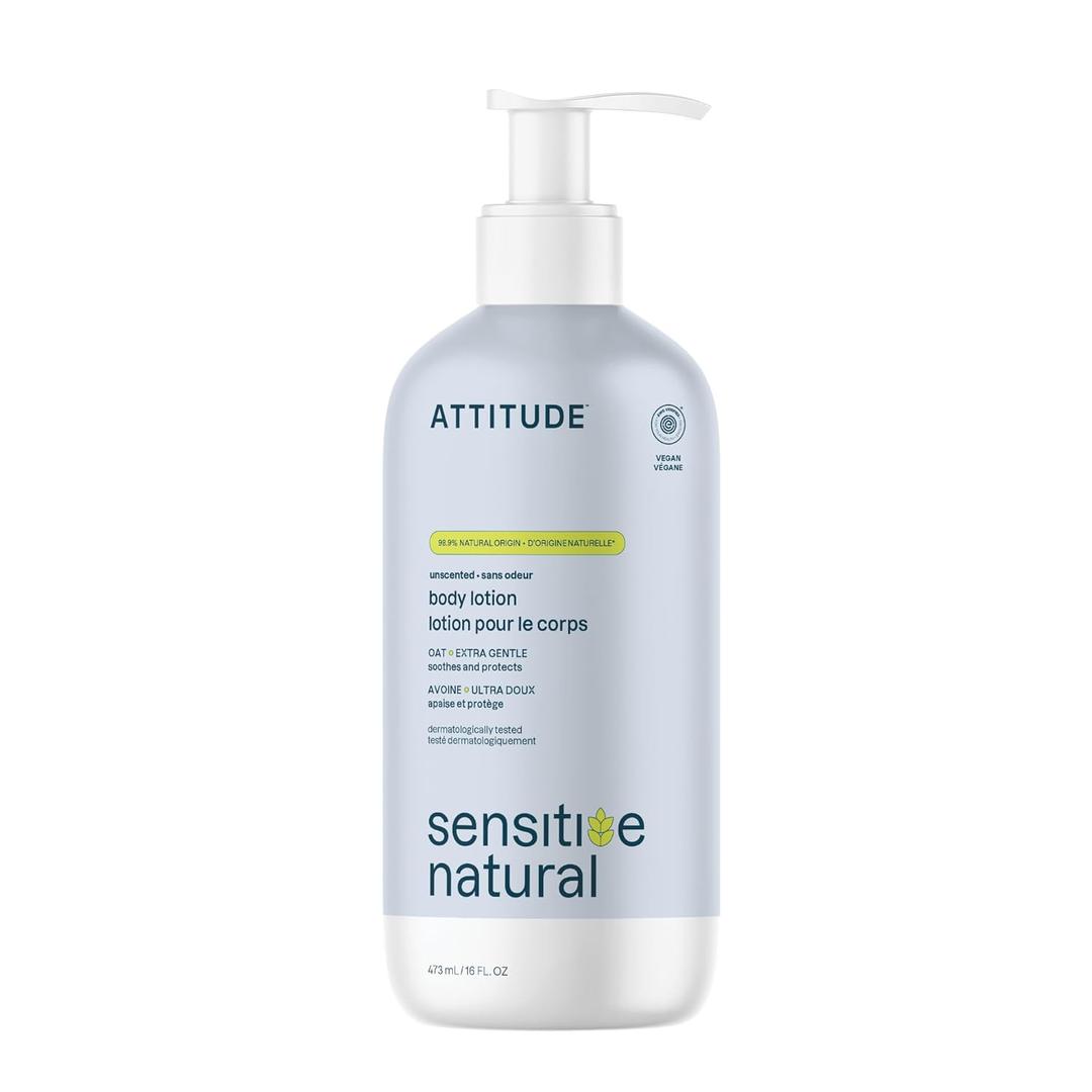 ATTITUDE Body Lotion for Sensitive Skin with Oat, EWG Verified, Dermatologically Tested, Vegan, Extra Gentle, Unscented, 16 Fl Oz