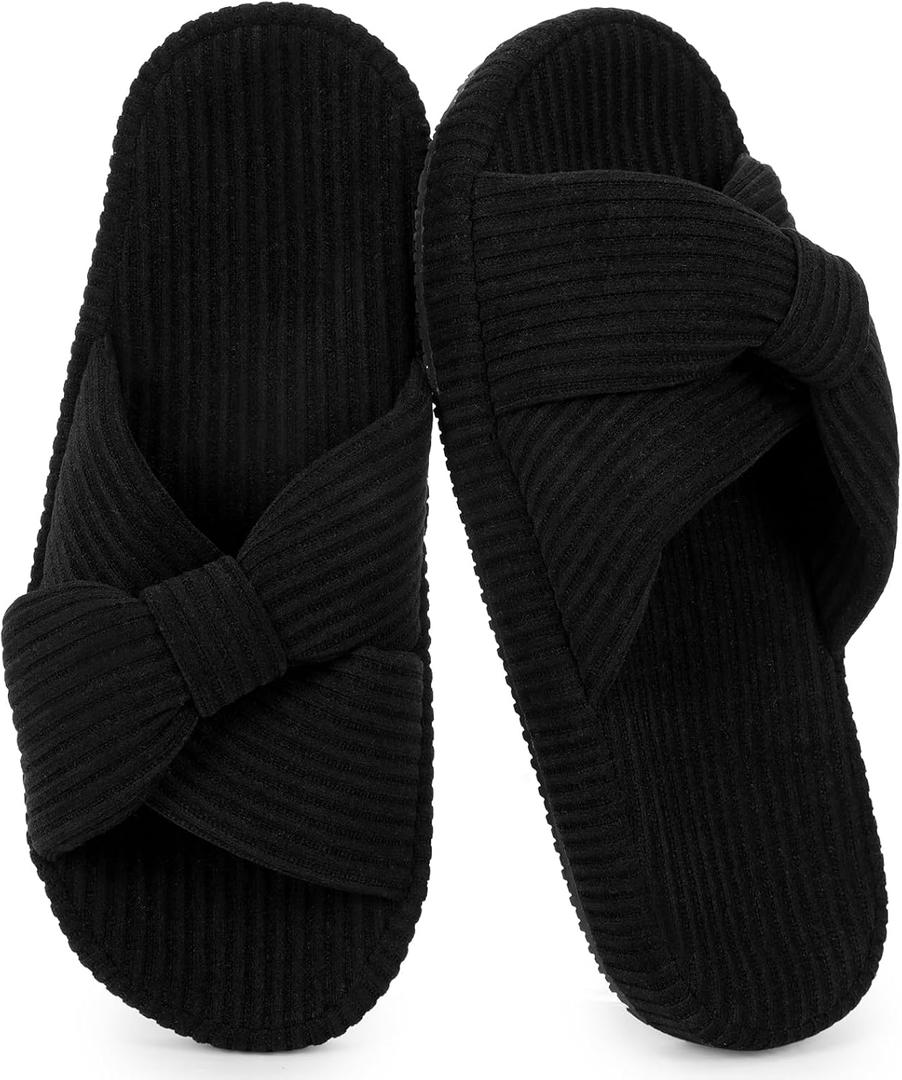 Womens Corduroy Slippers, Open Toe Crossband House Shoes, Cozy Cushioned Foam Indoor Outdoor Non-Slip Bedroom Slippers, Gift for Women (7-8, Black)
