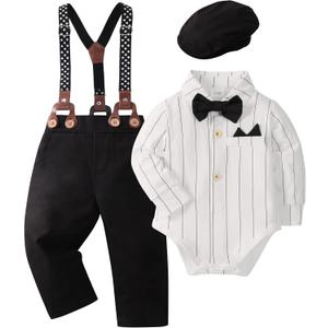YALLET Baby Boy Clothes Set Infant Tuxedo Long Sleeve Gentleman Suit Outfits + Beret Hat + Suspender Pants + Bowtie 0-18M (3-6 Months, White Stripes)