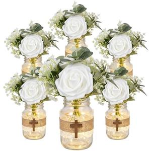 6-Piece Baptism Mason Jar Centerpiece Set with Wooden Cross & Floral