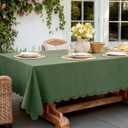 Moss Green Tablecloth Rectangle Linen Textured Waterproof & Stain Resistant Outdoor Table Cloth Spring Decorative Scalloped Cutouts Farmhouse Table Cover for Dining, Parties and Camping, 55 x 84 Inch