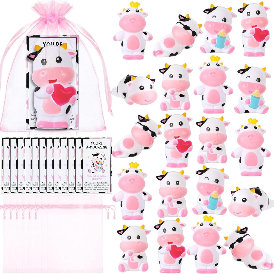 Jenaai 50 Sets Cute Rubber Cow Gifts Set Include Squeak Floating Cows Moo Moo Cards Organza Bags Rubber Animals Figures Bathtub Toy Thank You Favor for Employee Baby Shower Dashboard Decor