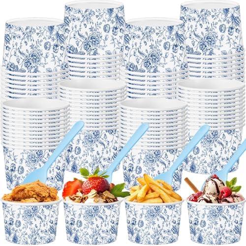 Honeydak 48 Set Floral Paper Ice Cream Cups 9 oz Disposable Treat Snack Cups with Spoons Dessert Bowls for Sundae Frozen Yogurt Soup Birthday Bridal Shower Wedding Party(Blue)