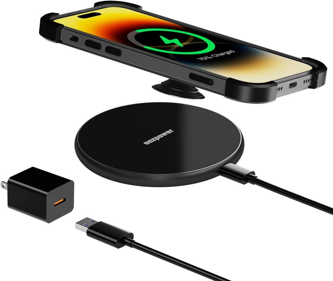 Wireless Charger for Thick Cases of 10MM/Popsocket/OtterBox, Phone Charger Pad, 15W Max Wireless Charging Pad for iPhone 16 Pro Max/15/14/13/12/11/Samsung Galaxy S24/S23/AirPods(with Adapter) (BLACK)