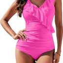 Blooming Jelly Women's Tummy Control Swimsuits Slimming Cute One Piece Bathing Suit Ruffle V Neck Swimwear (Medium, Pink)