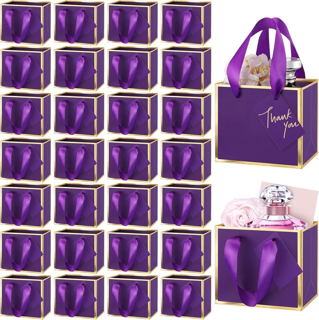 Yeaqee 50 Pcs Mini Metallic Foil Gift Bags with Handles 4x4.75x2.25'' Tiny Thank You Favor Bag Bulk with Tag for Back to School Wedding Baby Shower Birthday Summer Party(Purple, Gold)