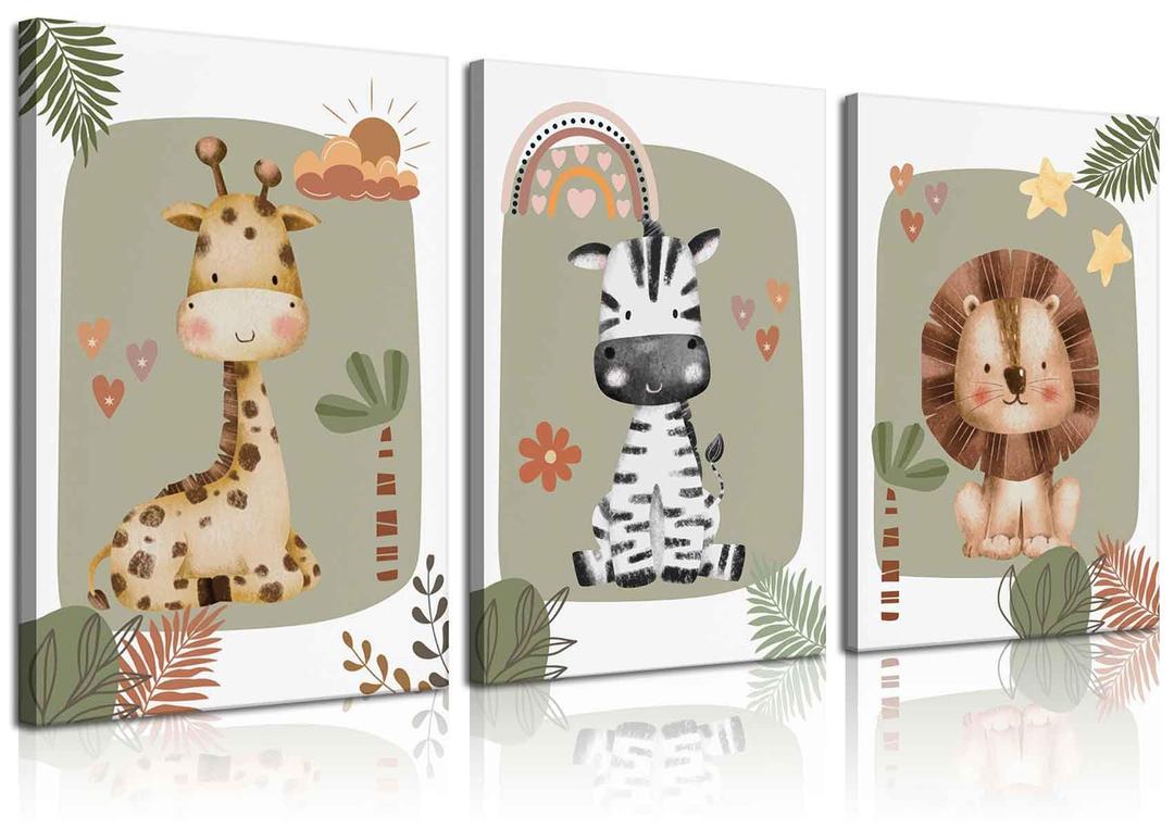 SUAXTCCR 3Pcs Boho Nursery Canvas Wall Art Jungle Safari Animals Wall Decor Pictures Kids Room Giraffe Lion Zebra Prints for Baby Boy Girl Children's Room Bedroom Decoration, 16x24 inch
