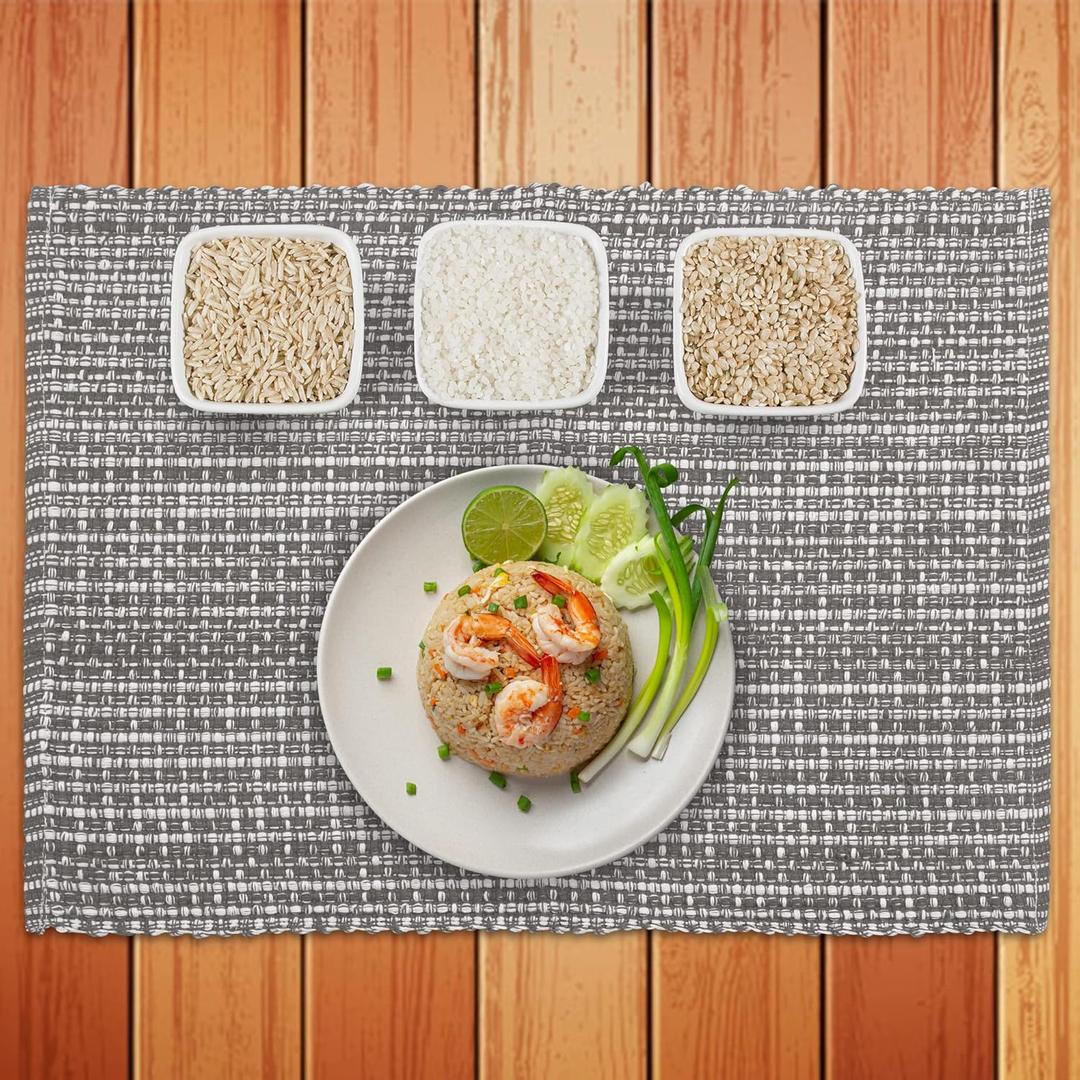 100% Cotton Two Tone Place Mats,14''x 20'' Over Sized, Set of 6 Grey/Natural Every Day Use, Heavier Quality