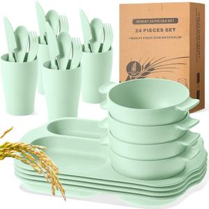 24 Pcs Wheat Straw Dinnerware Cutlery Set for Kids Toddler Aldult Including Divided Plates Microwave Dishwasher Safe Bowl Unbreakable Tableware Straw Cutlery Spoon Knife Fork(Green)