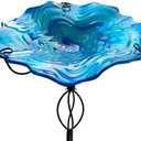 HONGLAND Bird Baths for Outside,11" Small Blue Glass Birdbaths Outdoor,Detachable Bird Feeder with Metal Stake for Garden Yard Patio Decor,32" Height