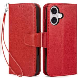 Arae Compatible with iPhone 16 Case Wallet with Card Holder,Wristlet Strap Wallet Flip Cover for iPhone 16 6.1 inch Men/Women, RFID Blocking, Kickstand, Litchi Wine Red