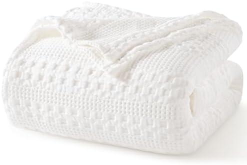 PHF 100% Cotton Waffle Weave Blanket Queen Size, Soft Lightweight Breathable Cozy Summer Blankets for Bed, Luxury Aesthetic Woven Bedding for Home Decor, 90"x90", White