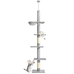 Cat Craft Slim 5-Tier Floor-to-Ceiling Cat Tower Small Cats Adjustable 98-110" Space-Saving, Hammock, Sisal Scratching Posts, Grey
