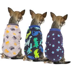 3-Piece Small Dog Sweaters - Fleece Winter Warm XS Boy Dog Clothes - Cute Dinosaur Patterns - Chihuahua, Yorkie - Christmas