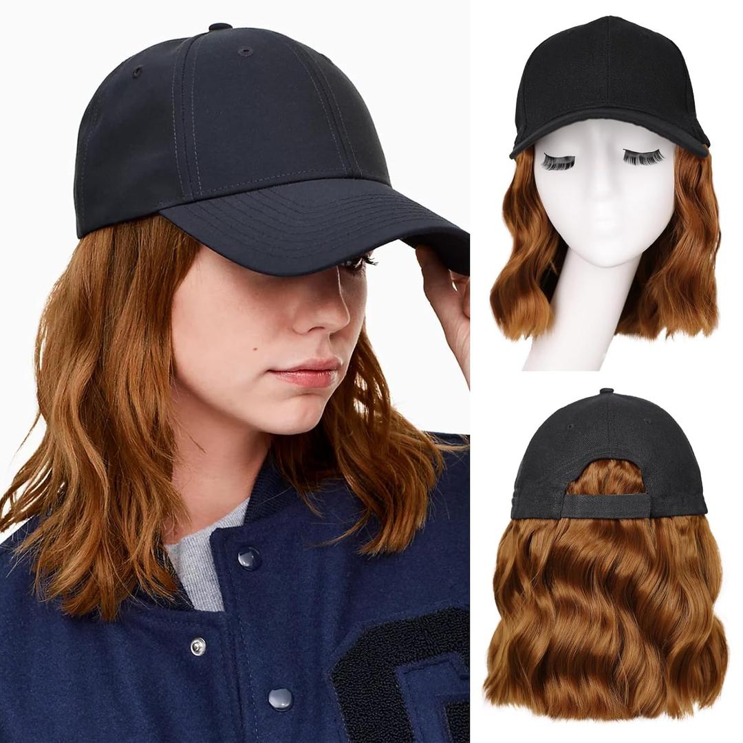 Hat Wigs for Women Baseball Cap with Hair Extensions Short Wave Synthetic baseball Cap Wig for Women Adjustable Hat with Hair Attached for Daily Use(14inch)