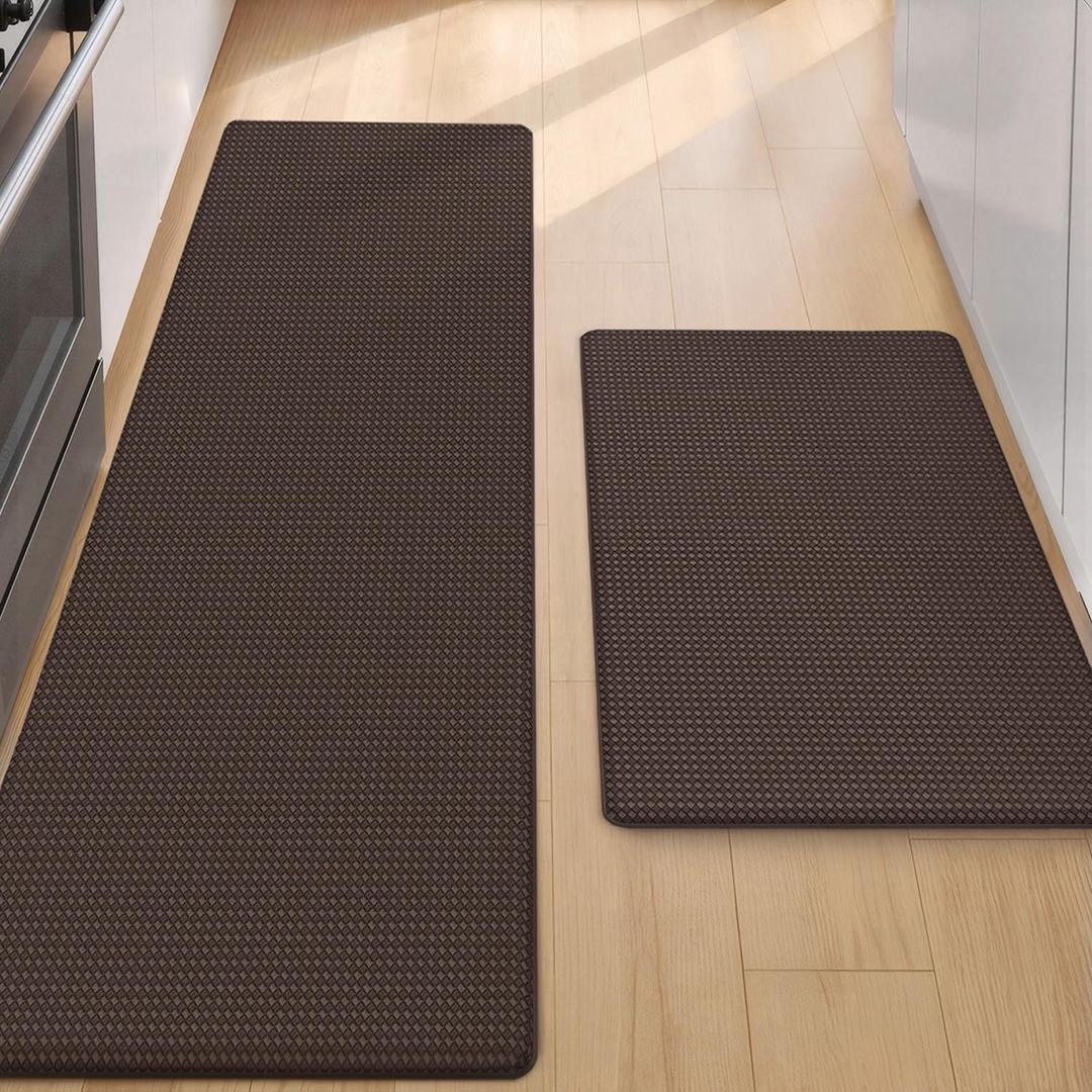 Color&Geometry Anti Fatigue Cushion Padded Kitchen Mat for Floor - 17x29+17x59,Easy Clean, Waterproof & Oil Proof, Anti Slip, Foam Rubber Runner Rug for Front Sink Comfort Standing, Brown Set of 2