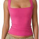 QINSEN Women's Square Neck Sleeveless Double-Layer Tank Tops Basic Tight T Shirts L Magenta