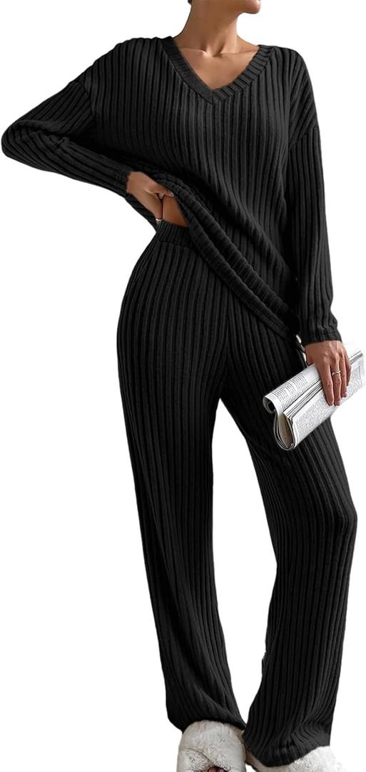 SHEWIN Women's Pajama Sets Long Sleeve Short Sleeve 2 Piece Lounge Sets Ribbed Knit Sweater Sleepwear (X-Large)