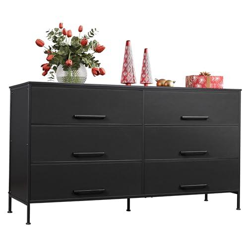 WLIVE 6 Drawer Dresser for Bedroom Large, Fabric Black Dresser TV Stand for 55, 60, 65, 70 inch TV, Wide Long Chest of Drawers with Deep Drawer for Closet, Bedroom, Living Room, Hallway