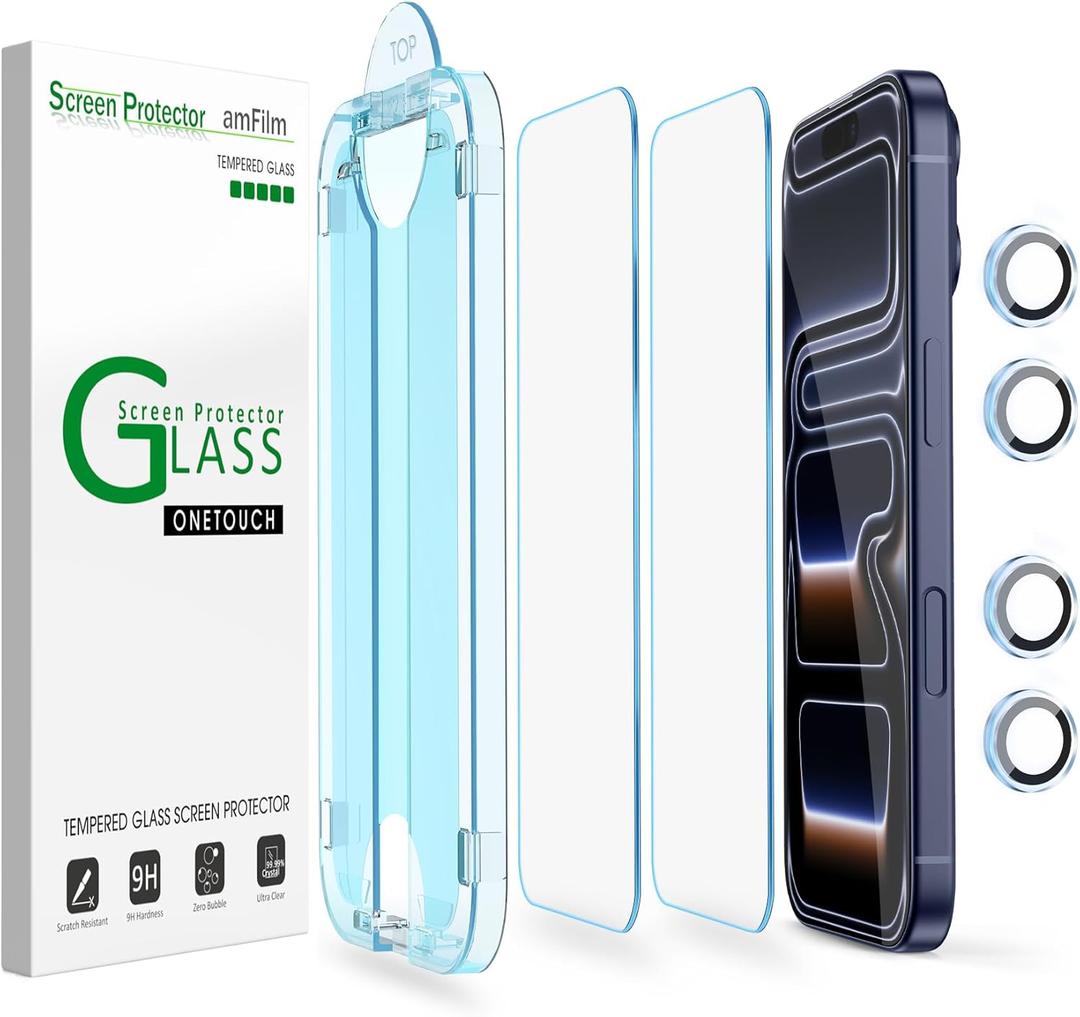 amFilm OneTouch Screen Protector for iPhone 17 Pro Max 6.9'' + Camera Lens Protector | Auto Alignment install | Bubble Free | 9H+ Military Grade Tempered Glass | FHD Clarity | Case Friendly | 2+4 Pack