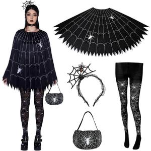 4 PCS Halloween Costume Set for Women Adult Spider Web Costume Spider Poncho, Candy bag Headband and Nylon Striped Tights