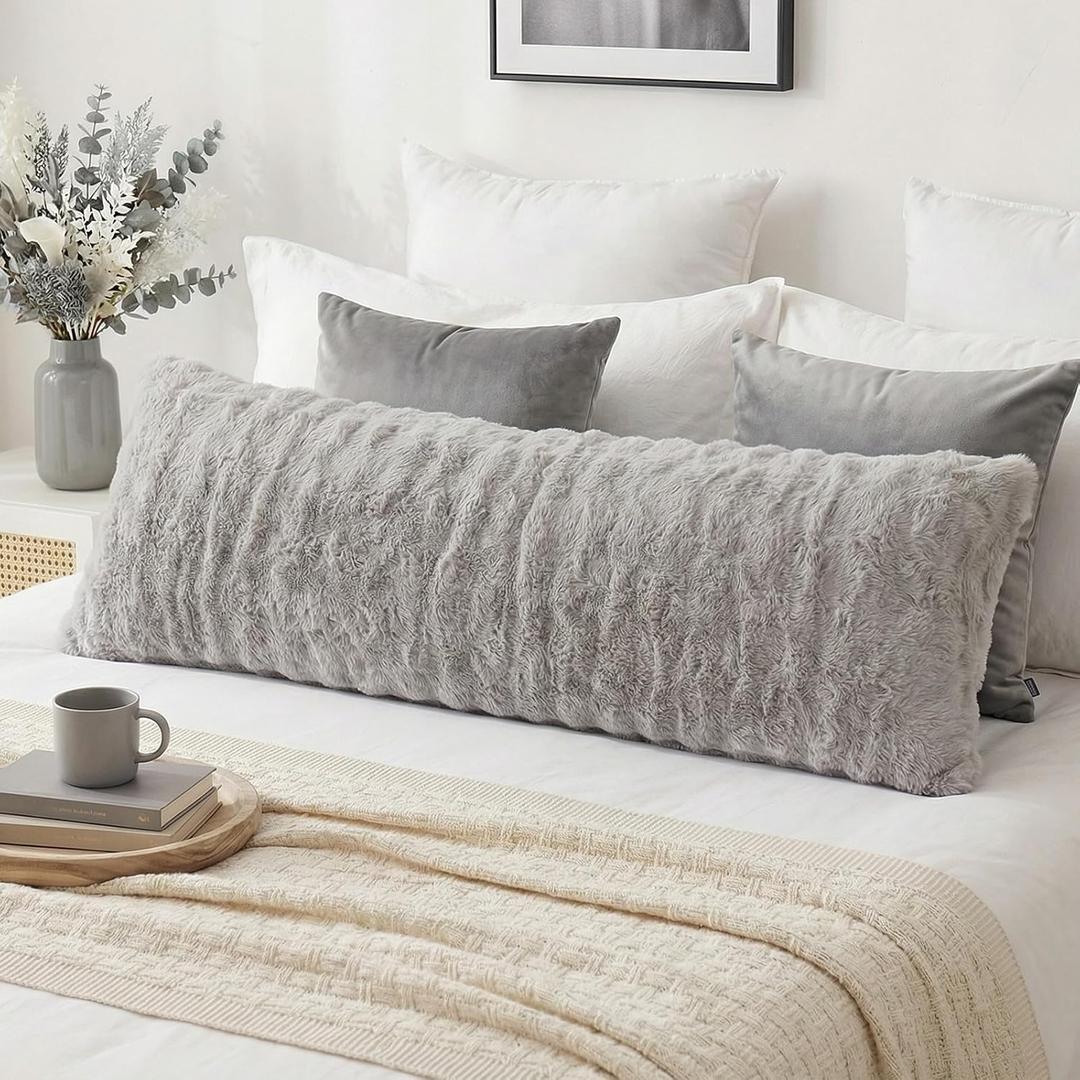 Gray Faux Fur Body Pillow Cover 1 Piece, Soft Cozy Plush Shaggy Body Pillowcase Long Pillow Case, Plaid Geometric Decorative Bed Pillowcase for Couch Sofa, 20 x 54 Inches