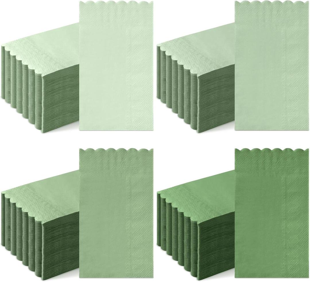 Cholemy 200 Pcs Scalloped Guest Napkin Pastel Colors Cocktail Disposable Hand Towels for Bathroom Guests Towel 2 Ply Paper Napkin for Baby Shower Bathroom Wedding Birthday Bridal (Sage Green)