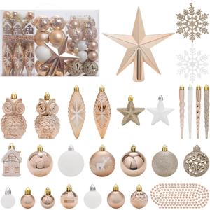 RoseCraft 122 Pack Christmas Ball Ornaments Set, Plastic Shatterproof Christmas Hanging Decoration Hand-held Package, for Home Xmas Tree Holiday Wedding Party Decor - Champagne