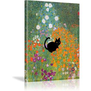 Asunygirl Cat Art Wall Canvas Decor - Monet Black Cat Poster, Vintage Garden Wall Art Prints for Colorful Living Room, Bedroom, Kids Room - 16x24 Inch