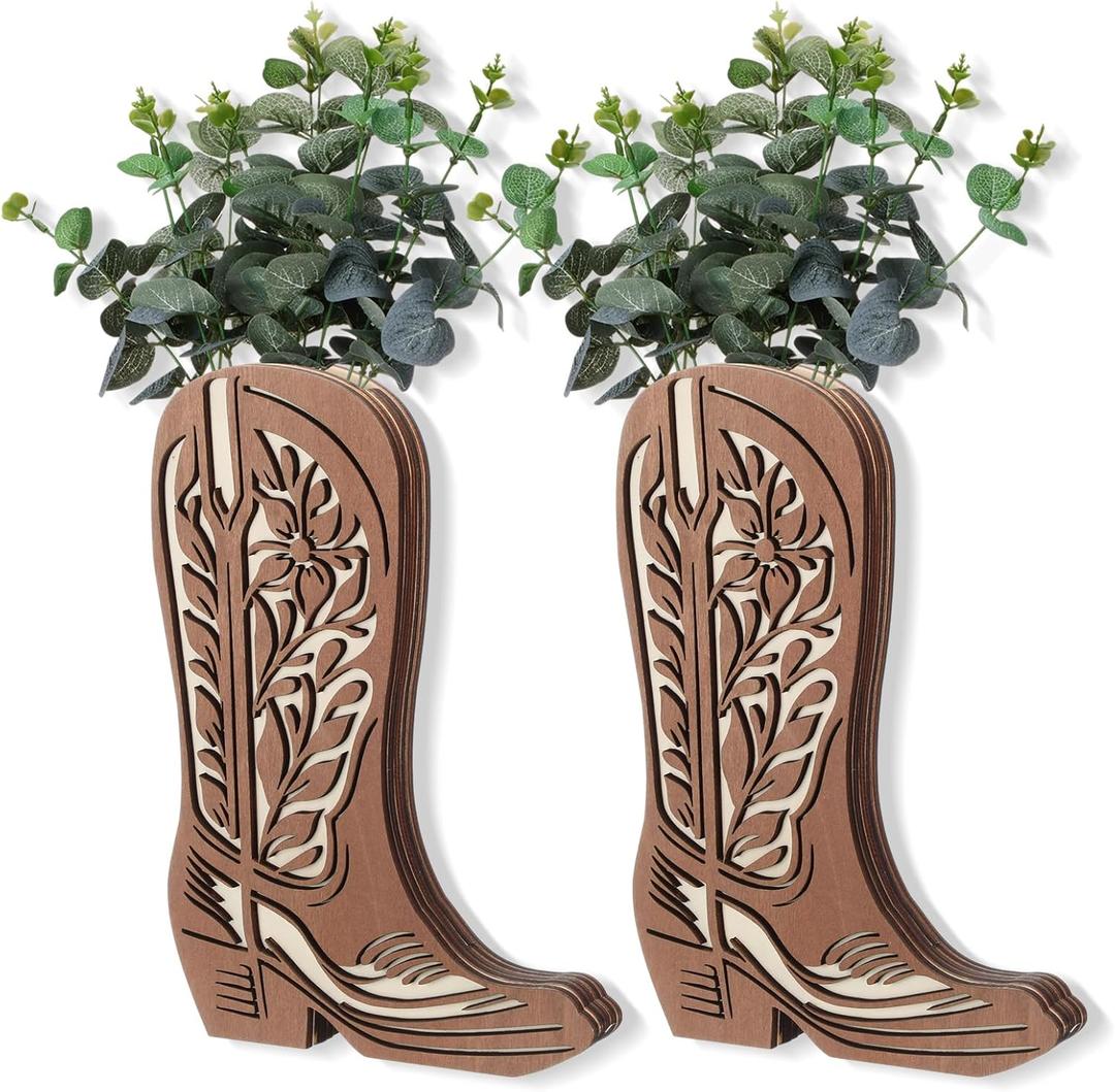 Havawish 2 Pcs Wood Cowboy Boots Wall Planter for Indoor Plants 12 x 8'' Cowboy Boot Flower Vase Hanging Pocket Vases for Flower Faux Greenery Wood Wall Decor for Bathroom Bedroom (Vivid Retro)
