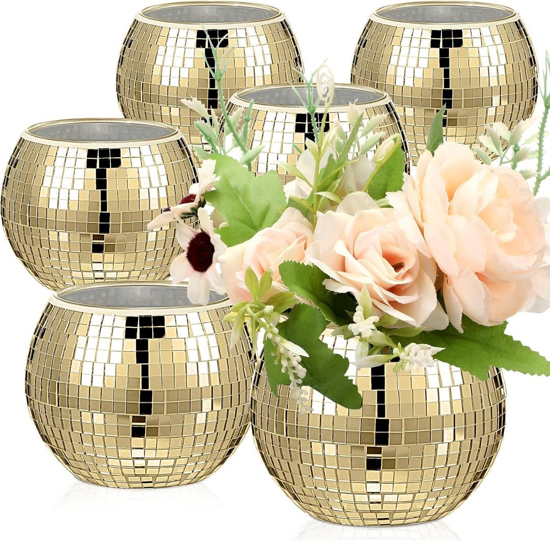 6 Pieces Disco Ball Flower Vase Mirror Disco Ball Glass Vase Disco Ball Planter Candle Holder Glass Vase Bulk for Wedding Centerpieces Bedroom Kitchen Office Decoration Birthday (Gold,3 x 4 Inch)