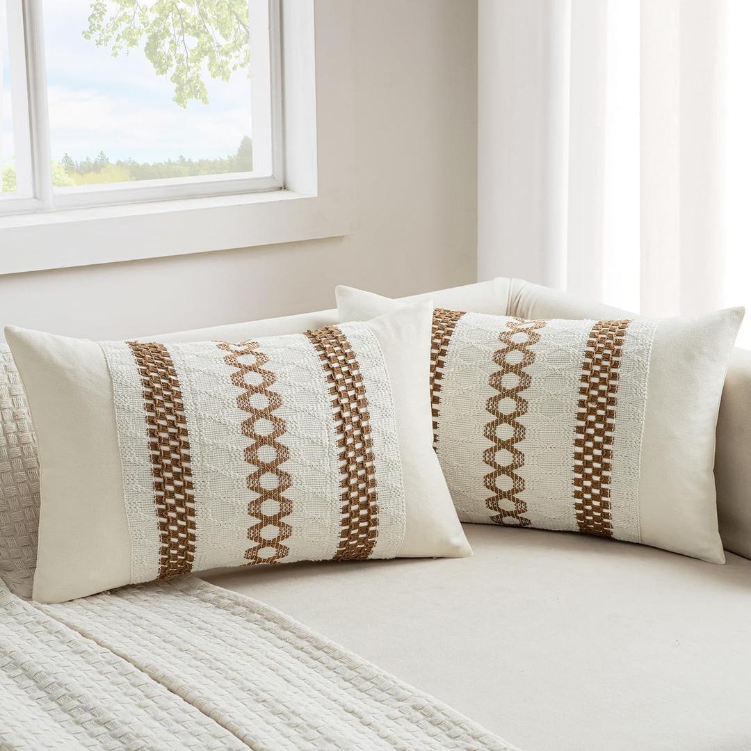 MIULEE Set of 2 Coco Brown Boho Decorative Lumbar Pillow Covers 12x20 Inch Farmhouse Rustic Couch Throw Pillows Modern Cotton Cushion Covers Retro Cute Macrame Woven Home Decor for Bed Sofa Chair