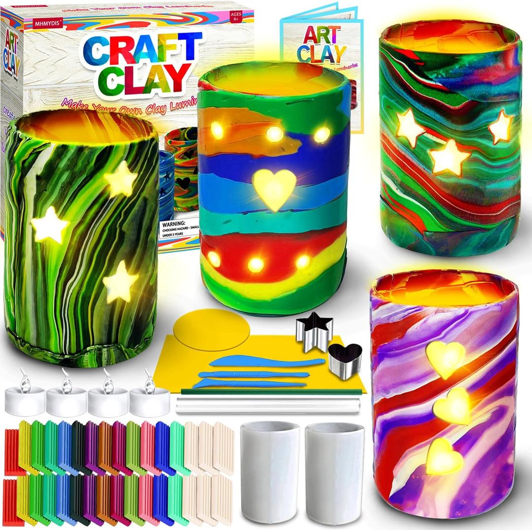 MHMYDIS Make Your Own Clay Luminaries - Arts and Crafts kit for Boys Girls and Teens Age 6 7 8 9 10 11 12 Year Old and up - Creative Clay Lantern Toys for 8-12 Year Old (Large)