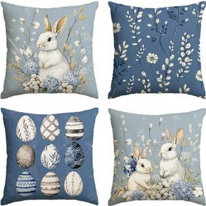 AVOIN colorlife Easter Rabbit Easter Eggs Hydrangea Blue Throw Pillow Covers, 18 x 18 Inch Eucalyptus Leaves Cotton Cushion Case Decoration for Sofa Couch Set of 4