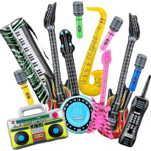 12 Pieces Inflatable Instruments Party Props Rock Star Toy Set Blow Up Guitars Inflatable Saxophone Bass Lute Microphones Mobile Phone Recorder Piano for 80s 90s Themed Party Photo Booth Decorations