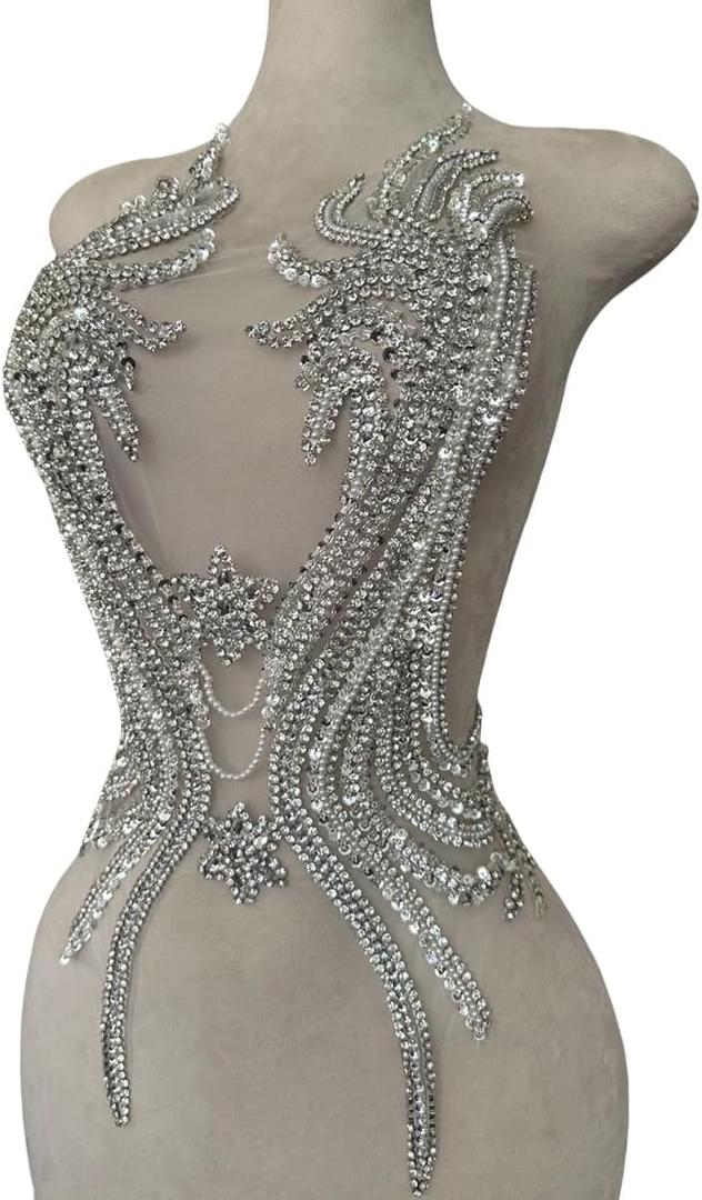 Pure Handmade Rhinestones Beads Applique sew on Crystal Sequins lace Trim Patches Accessories for Dress Clothing Shiny Bead Decorative Material 12.5X25.5inches (Silver)
