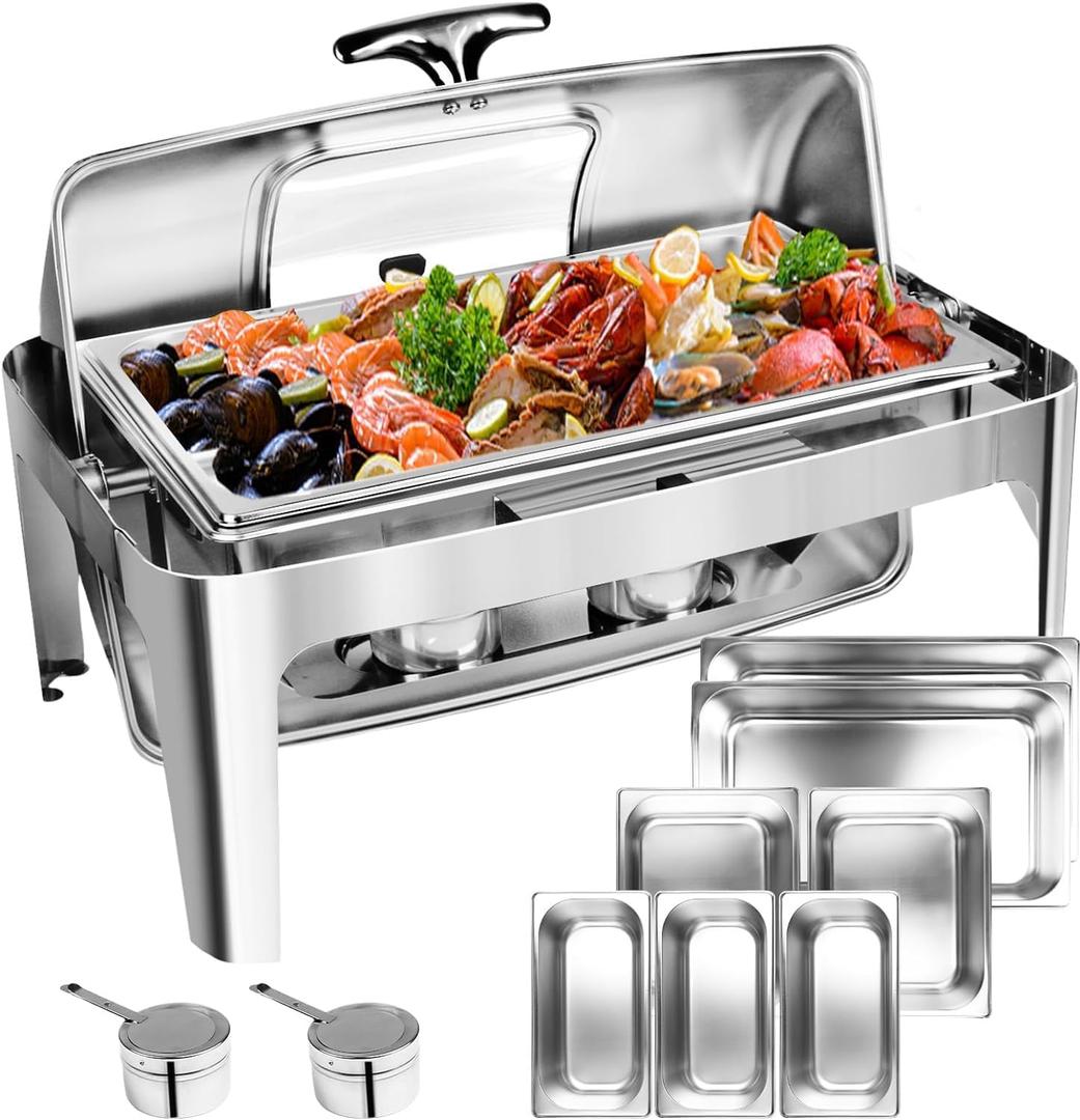 13 QT Roll Top Chafing Dish Buffet Set, Stainless Steel Food Warmer with Perspective Window for Parties, Birthday, Hotels and Weddings,1 Full&2 Half&3 Third Size Food Pan and 1 Water Pan